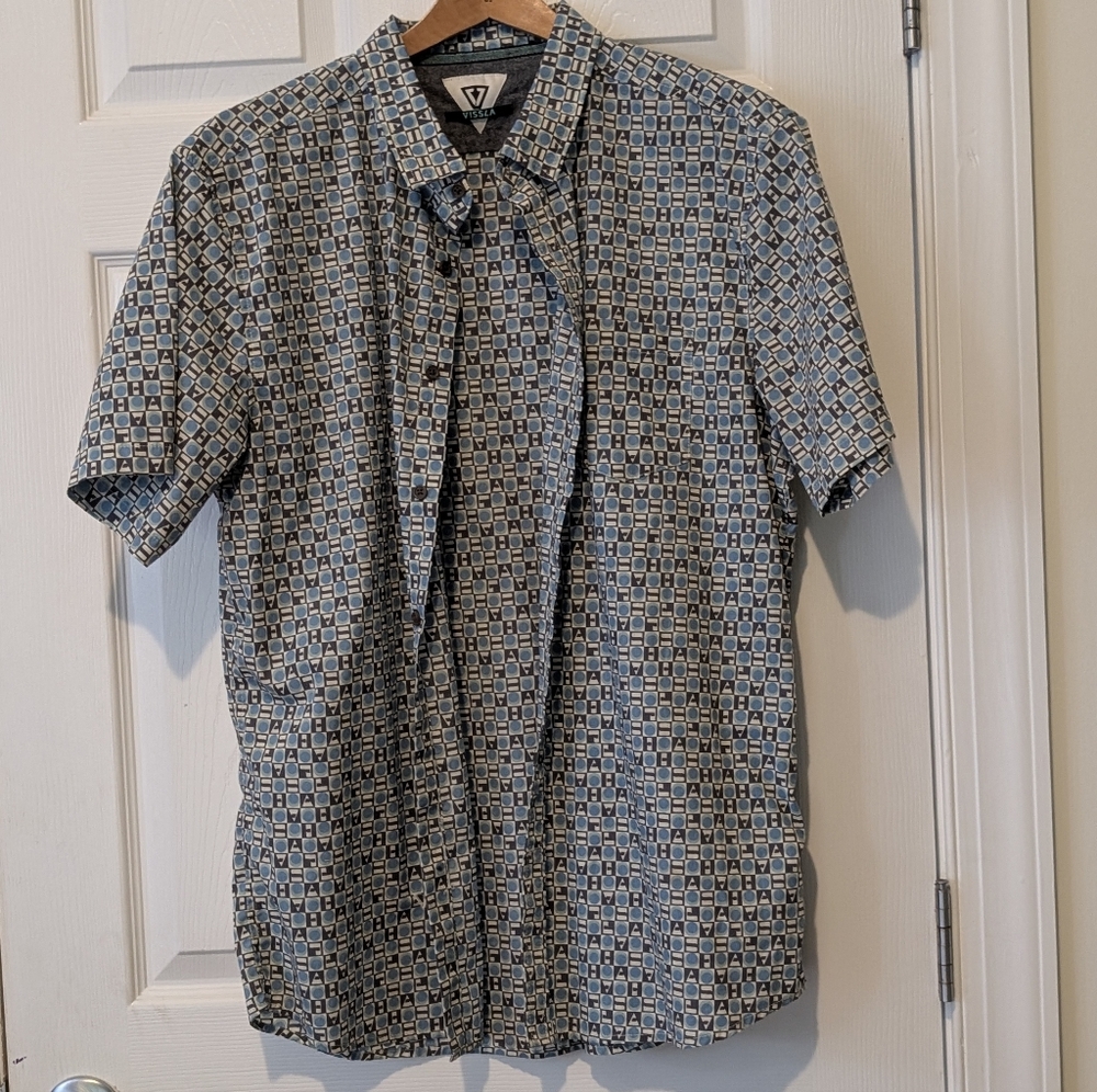 VISSLA Blue and Brown Geometric Print Men's Button Front Shirt Size X-Large
